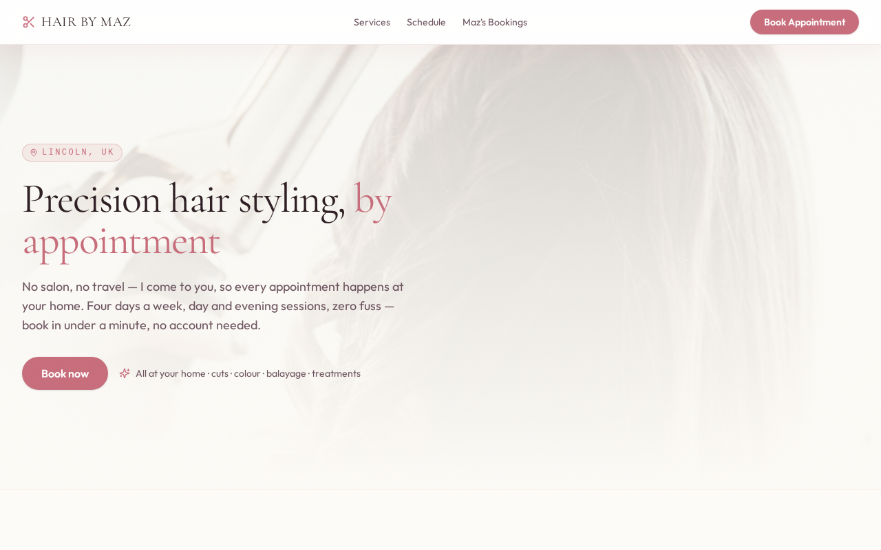 Hair by Maz website showing mobile hair styling booking page for Lincoln