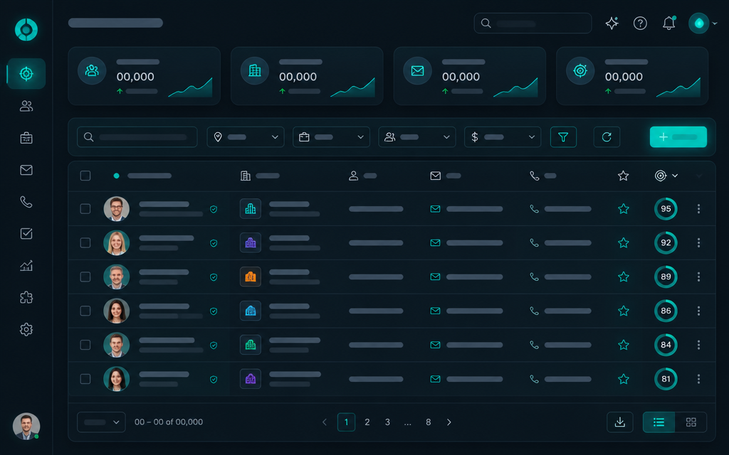 Leadbase dashboard listing potential business leads with contact details and match scores
