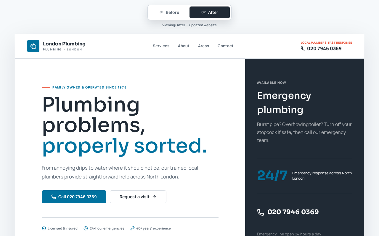 London Plumbing website showing before-and-after redesign with emergency plumbing services